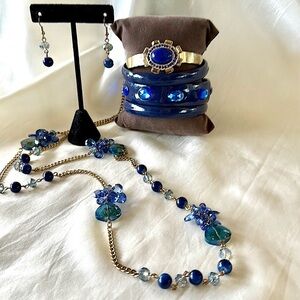 NWT Charming Charlie Blue & Gold Necklace Earrings 4 Bracelet Stack